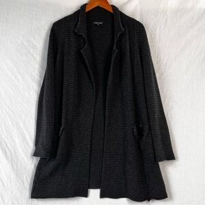 Eileen Fisher Exciting Ribbed Charcoal Tweed Long Open Sweater Jacket M Italian